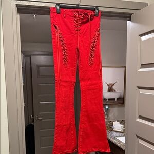 Super cute red lace denim jeans